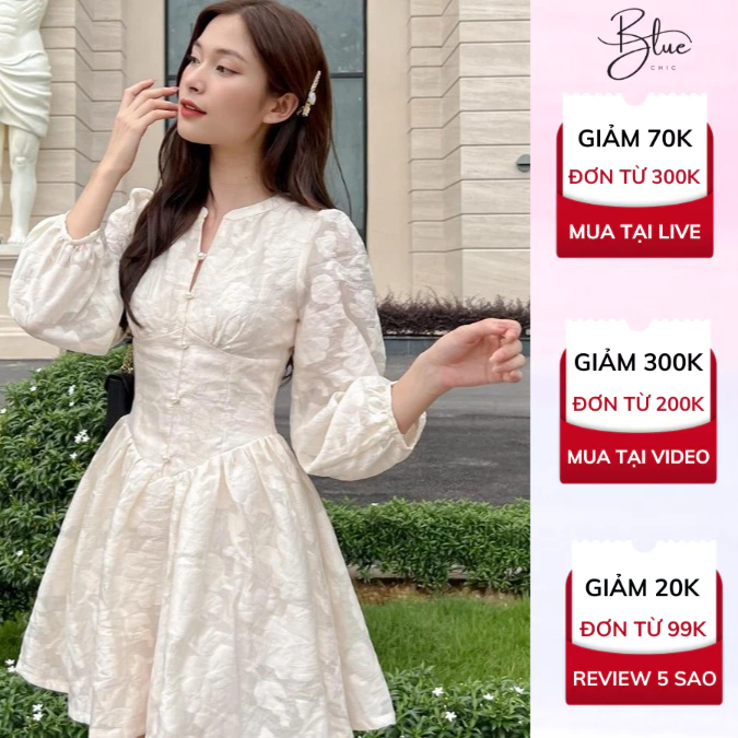 Váy Thiết Kế Tiểu Thư Blue Chic Họa Tiết Gấm Hoa Nổi Cúc Ngọc Đi Tiệc Dạo Phố Sang Chảnh Thanh Lịch