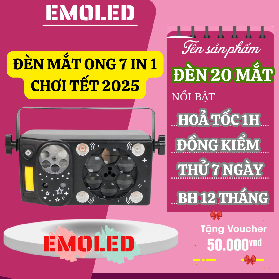 Đèn 20 mắt sân khấu EMOLED Laser Hoa Văn nháy theo nhạc cho vũ trường, karaoke, phòng bay, tiệc cưới...bảo hành 12 tháng