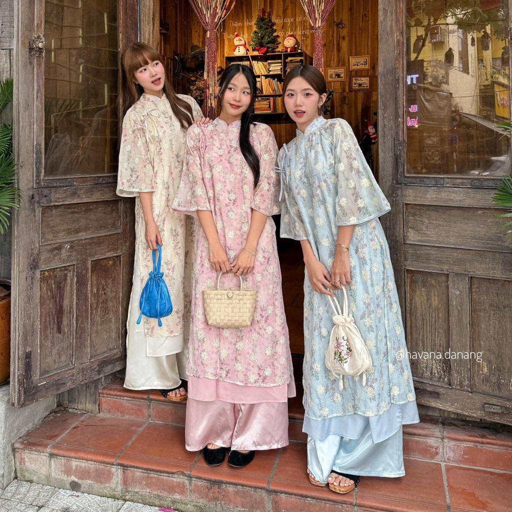 White chiffon dresses with floral prints with double bow with vintage havana ad136 pants