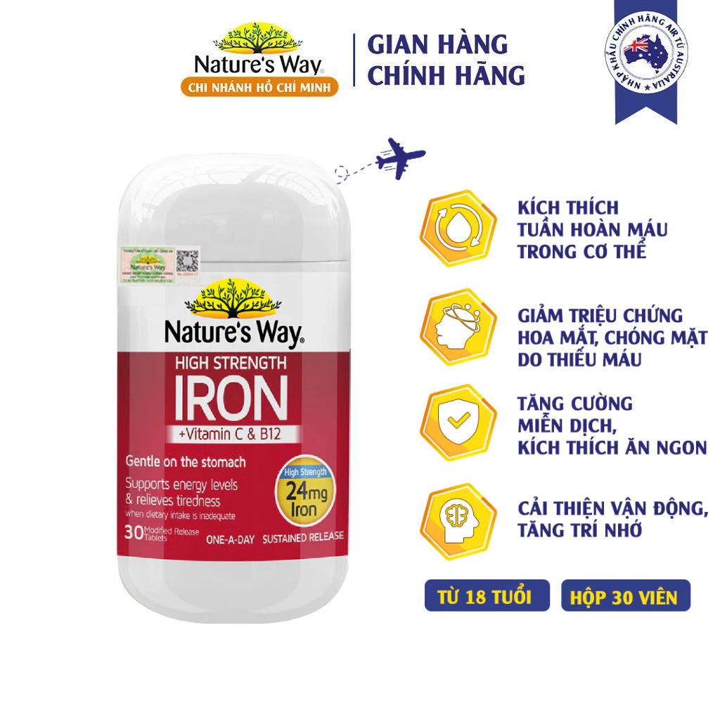 Viên Uống Nature’s Way High Strength Iron + Vitamin C B12 Bổ Sung Sắt Hữu Cơ Cho Người Lớn Hàm Lượng Cao 24mg 30 Viên