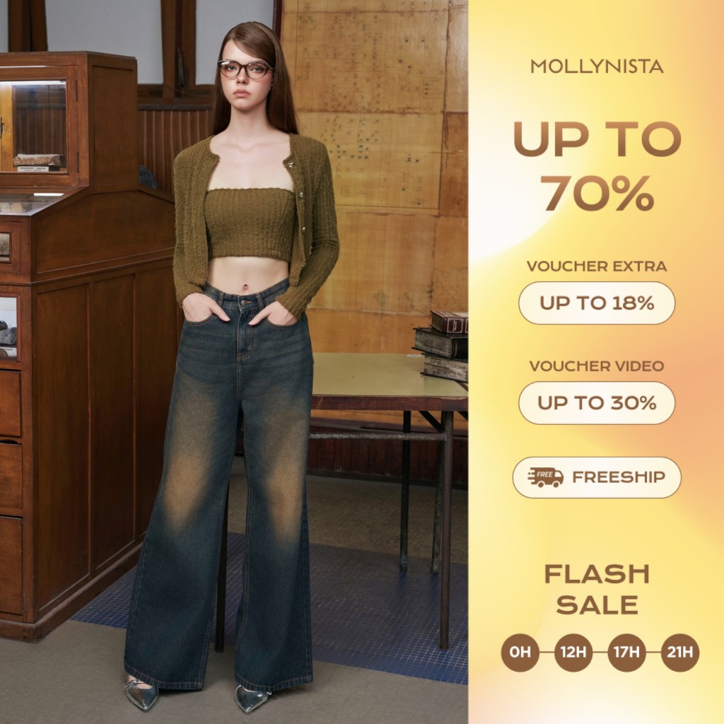 Quần thiết kế jeans washed ống rộng MOLLYNISTA thanh lịch cá tính cao cấp tôn dáng