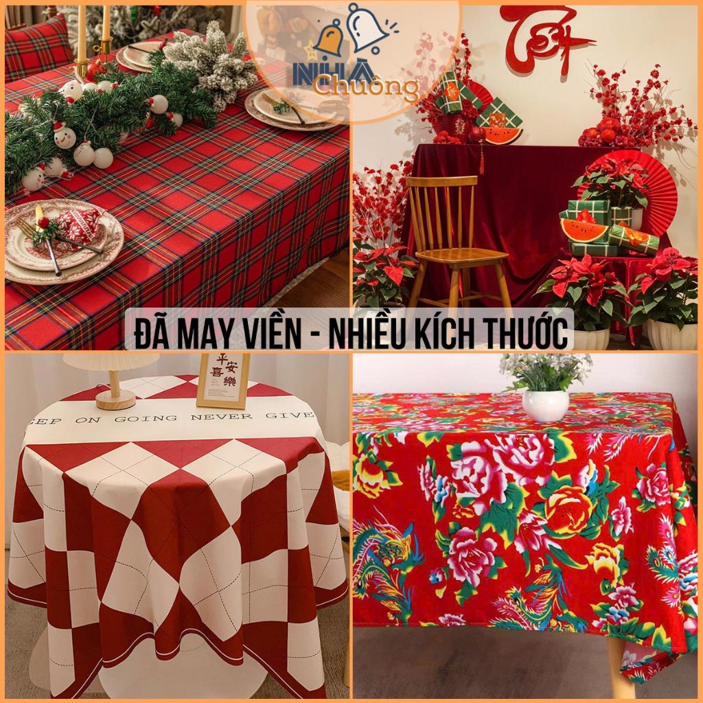 Khăn Trải Bàn Tết Vải Kẻ Caro, Khăn Vải Con Công, Nhung Đỏ Trang Trí Lễ Hội, Tiệc Cuối Năm