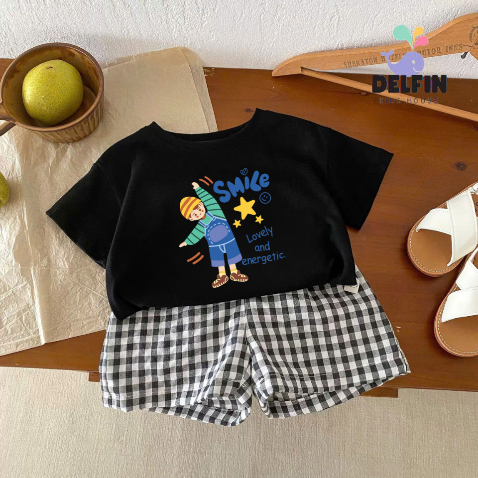 Boys' checkered shorts set for school, Delfinkid House home wear, boys' shorts set, plaid pants, printed cotton t-shirts from 10-30