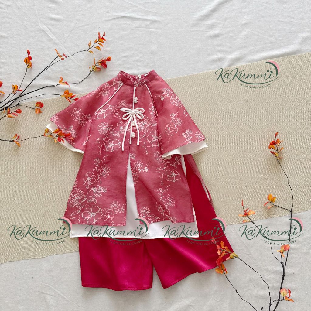 Áo dài Tết Ất Tỵ cho bé gái, Bộ áo dài Hải Đường Tết 2025 Kakummi (KM24- AD442)