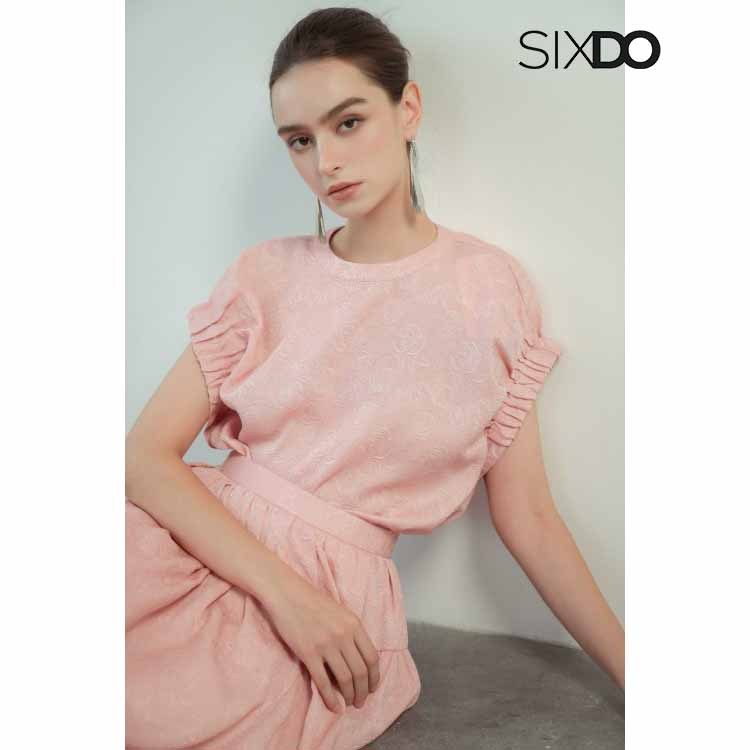 Chun Sixdo round -neck brocade shirt (Pink Floral Brocade Blouse)