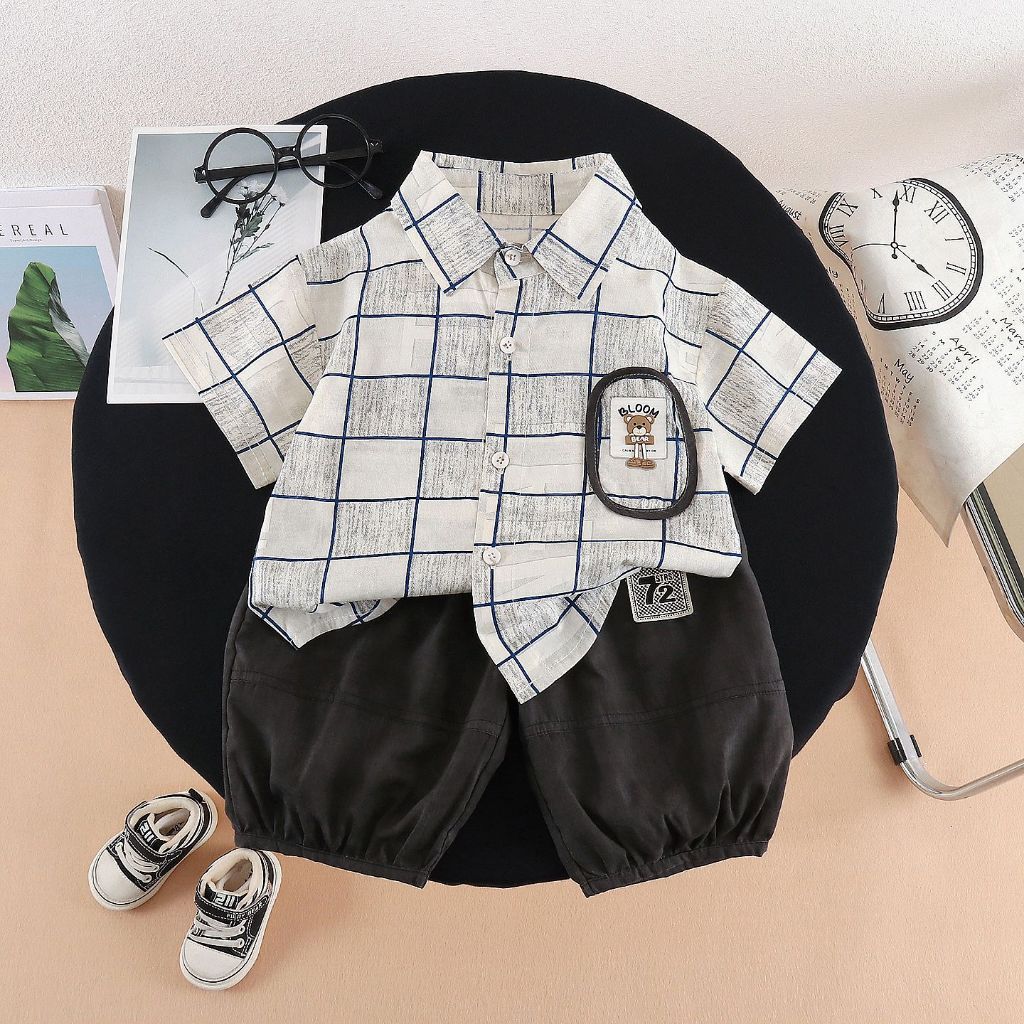 Boy's Clothing Set Checkered Shirt Korean Style Black Jogger Pants MINTSCLOSET Guangzhou - TN3659
