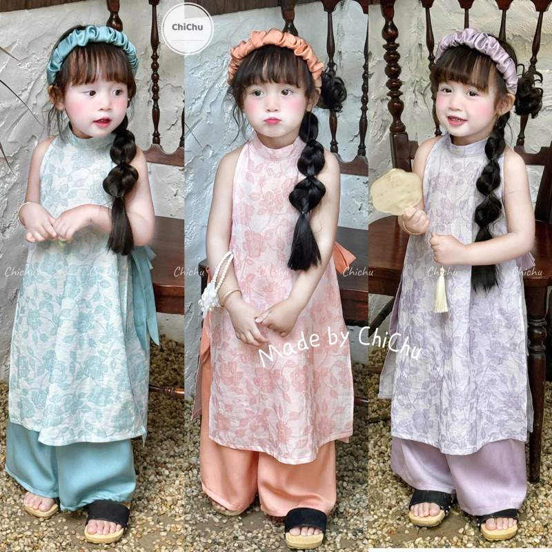 Áo Dài Yếm Bé Gái CHICHU Cách Tân Đũi Hàn Xịn 3 Màu Hoa Ngọt Ngào Phối Quần Lụa TẶNG CÀI