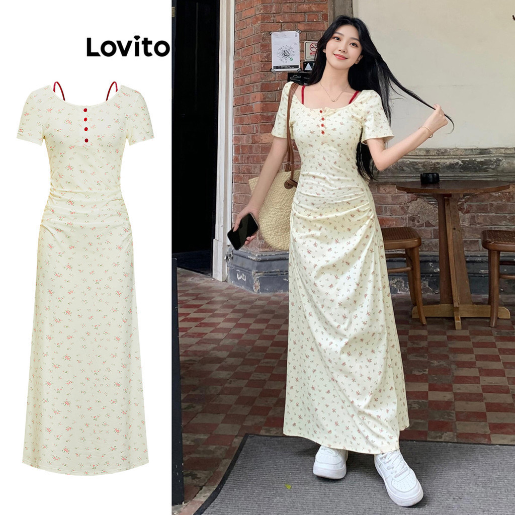 Lovito Váy 2 trong 1 có cúc hoa Ditsy thông thường dành cho nữ L98AD144