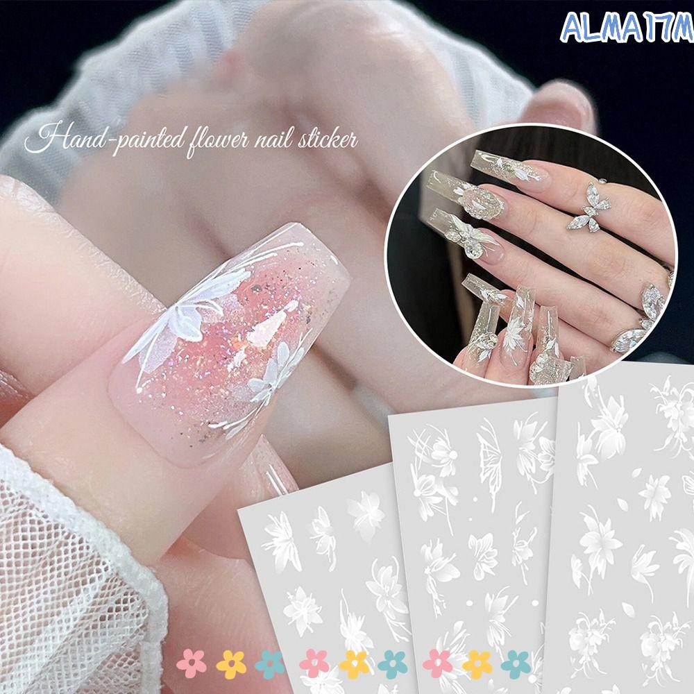 ALMA1 sticks art nails, flower -shaped nail decoration with nail stickers, manicures diy nail art supplies white nail art Hand painting
