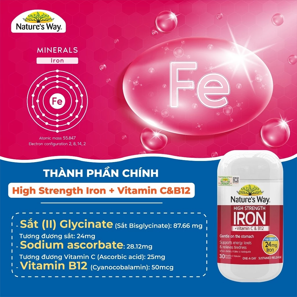 Viên Uống Nature’s Way High Strength Iron + Vitamin C B12 Bổ Sung Sắt Hữu Cơ Cho Người Lớn Hàm Lượng Cao 24mg 30 Viên