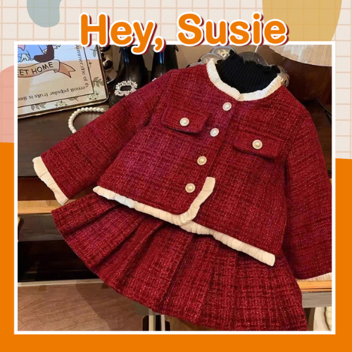 S6614 - Bộ Đồ Bé Gái Chất Liệu Dạ Đỏ Nhung Mịn Viền Bèo Trắng Size 9-24kg