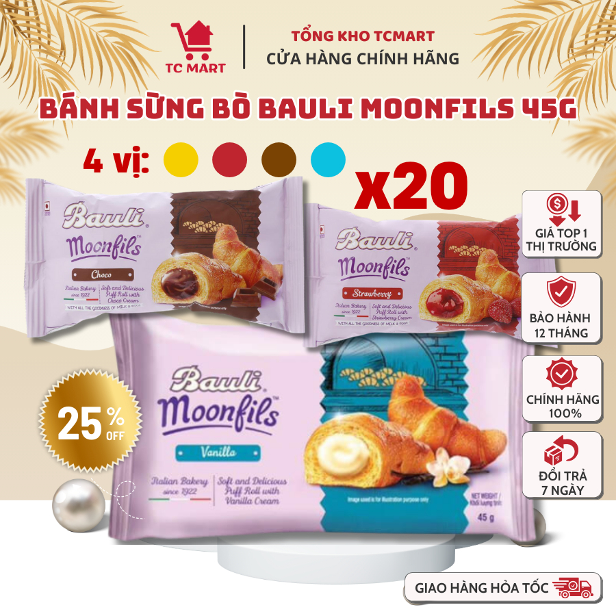 Combo 1 box of 20 cowborn cakes Bauli Moonfils 45g - Convenient breakfast cake is nutritious - Buffalo horn - Snack