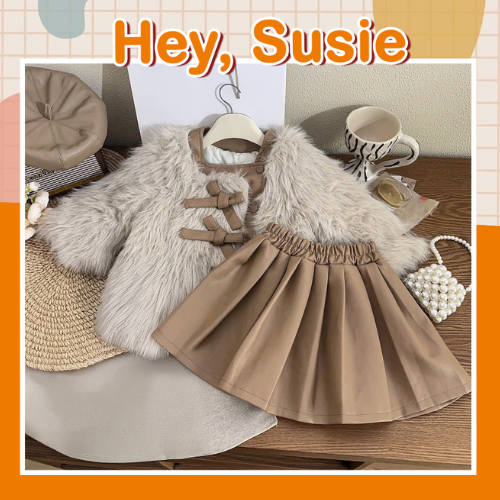 S6545- Baby girl's clothes beige brown with brown pleated brown skirt size 9-25kg