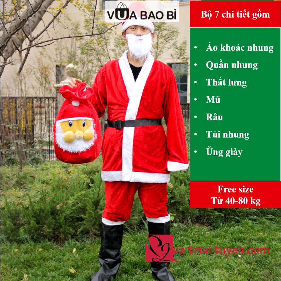Santa Claus costume for adults, including hat, shirt, fake beard, bag and belt with full accessories