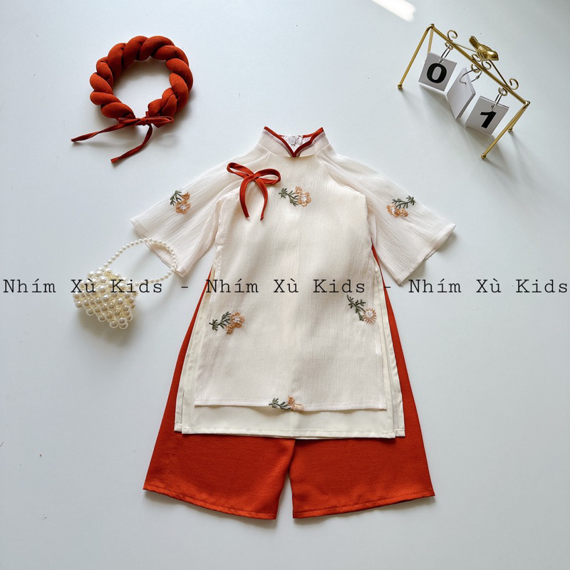 [4-30kg] Áo Dài Hoa Kem Thêu NHÍM XÙ KIDS Cho Bé Gái 6tháng, 1 Tuổi Đến 8 Tuổi AD136