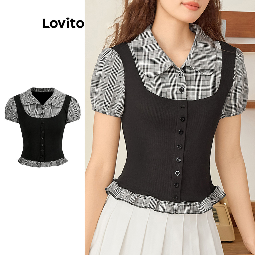 Lovito Áo sơ mi kẻ caro phối màu thời trang dành cho nữ L108ED003