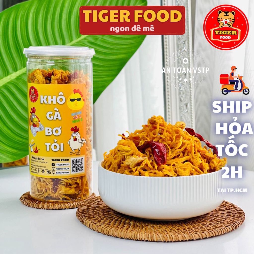 Khô Gà Bơ Tỏi Xé Cay 💖TIGER FOOD💖 Khô Gà Bơ Tỏi Đậm Vị Siêu Ngon Lon 300g - Đồ Ăn Vặt Sài Gòn