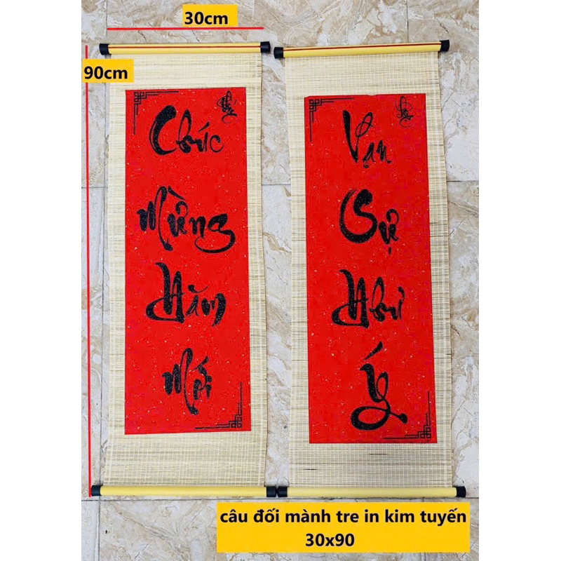 Cặp mành tre câu đối đỏ viết chữ Thư Pháp - Mành tre câu đối đỏ Decor trang trí Tết