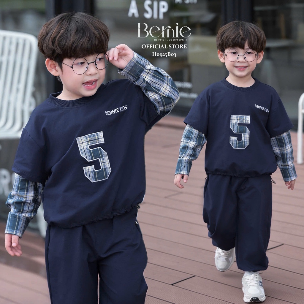 Bernie Bộ dài tay bé trai số 5 vải thun da cá mềm ấm phối tay sơ mi caro - Bộ thu đông bé trai 10-29kg - H0925B03
