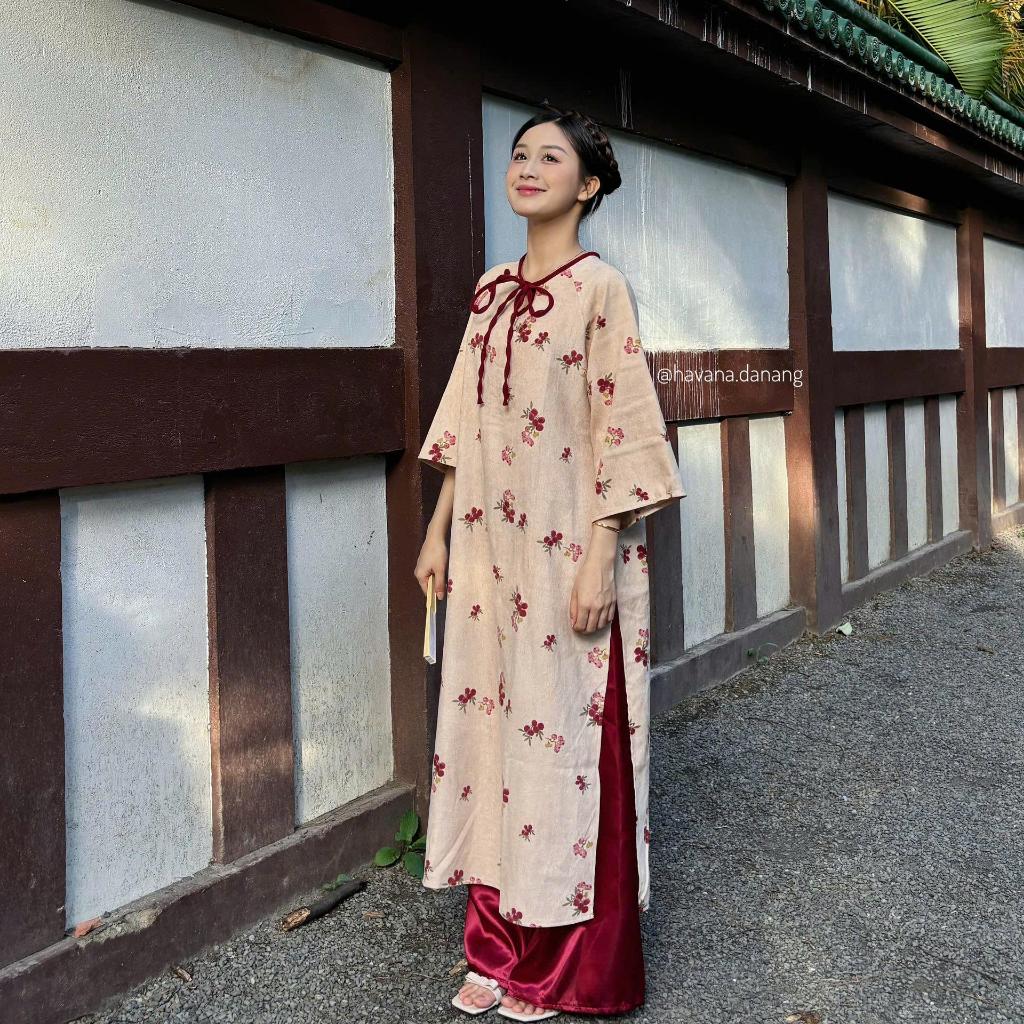 [CÓ SẴN/ HỎA TỐC ] Áo dài cách tân TỬ KỲ nhung chéo cúc bọc phối dây buộc nơ cách điệu kèm quần dài satin HAVANA AD104