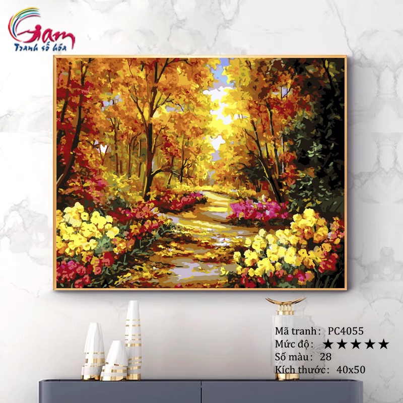 Tranh sơn dầu số hoá phong cảnh mùa thu trong rừng GAM có căng khung 40x50cm PC4055