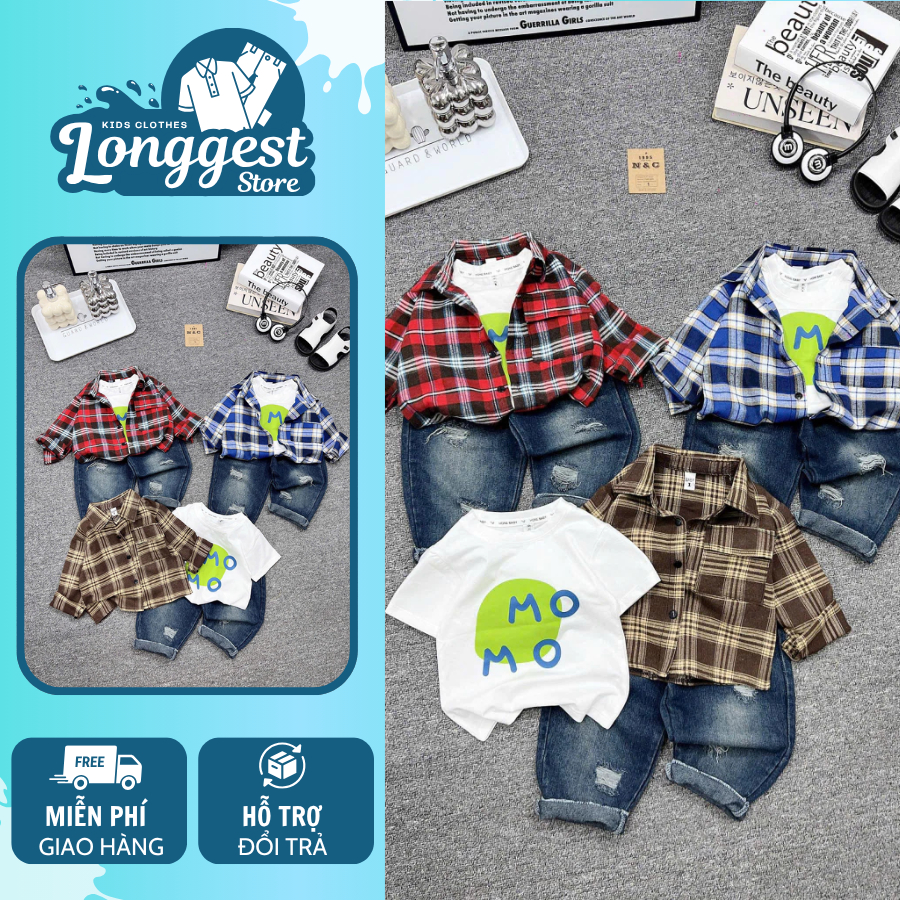Bộ jeans phối áo sơ mi caro bé trai 3 món, set sơ mi caro bé trai quần jean phong cách đi học, đi chơi