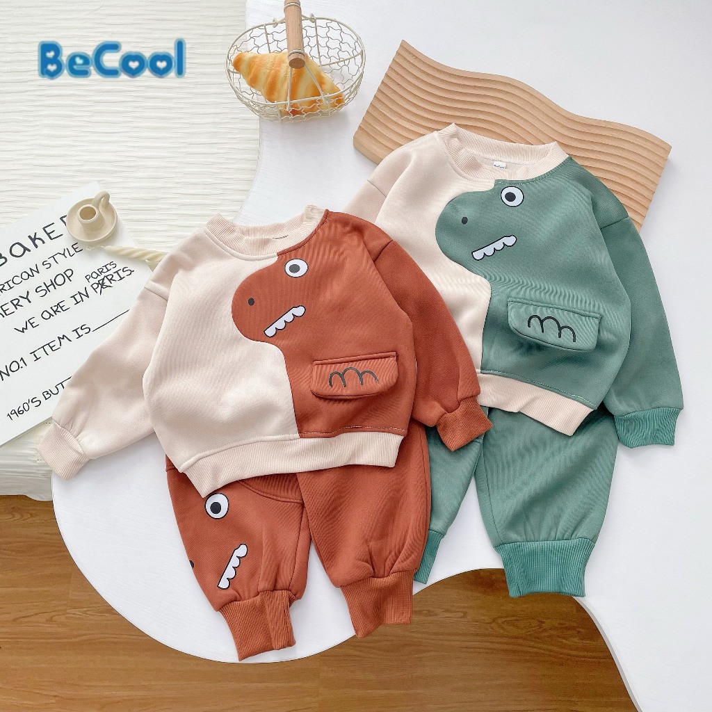 Bộ Nỉ Dài Tay Thu Đông Thêu Miệng Khủng long Becool Chất Nỉ Cực Ấm Cho Bé Trai, Bé Gái  Từ 8-19kg