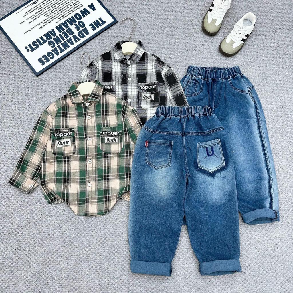 Set of Boys' Long Soft Plaid Long-Sleeve Style Set Set of Korean Coordinated Dresses Luxurious and Beautiful Standard Form----