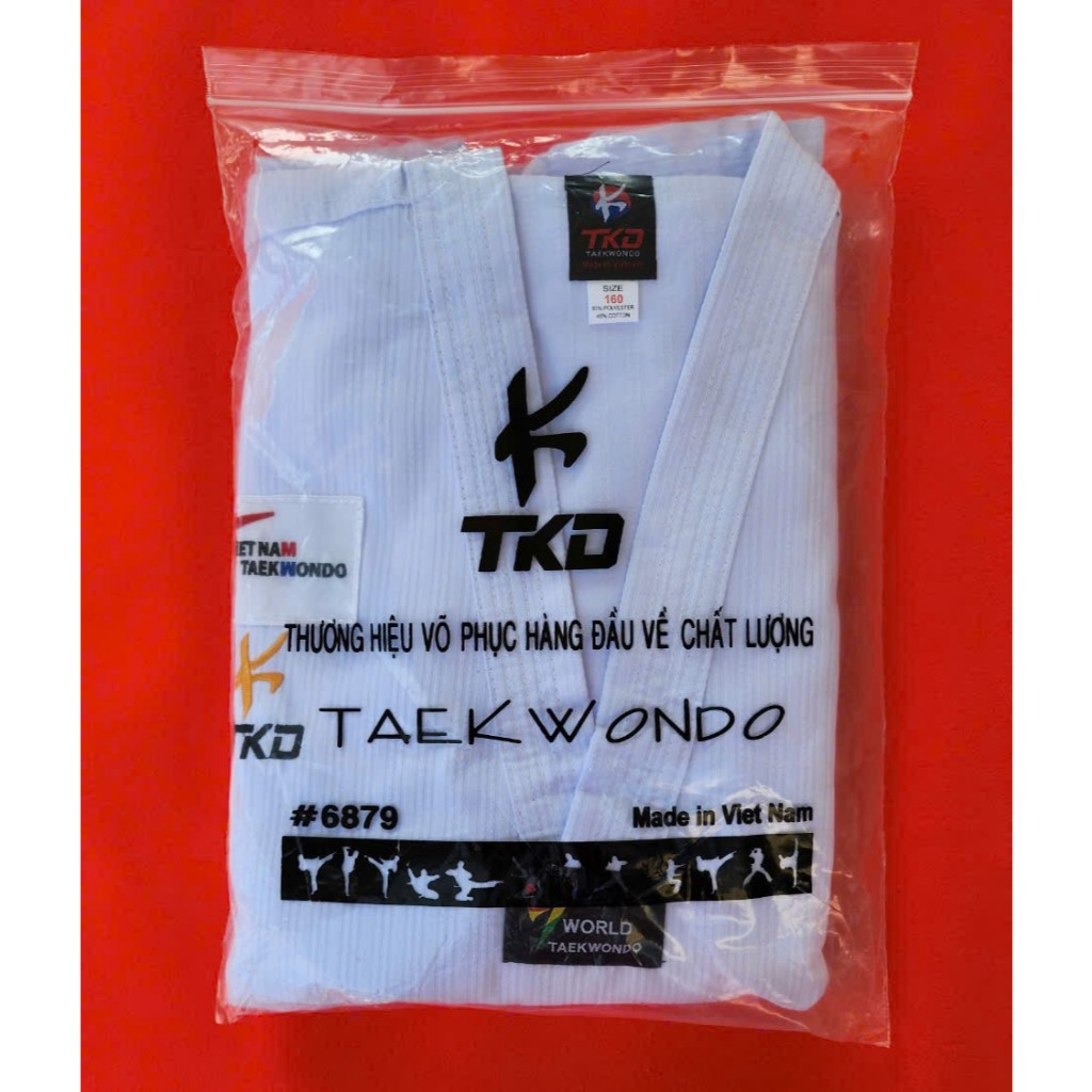 Võ Phục Taekwondo Vải 3 Sọc Tặng Kèm Đai Màu Áo Và May Sẵn Huy Hiệu Liên Đoàn Taekwondo Việt Nam