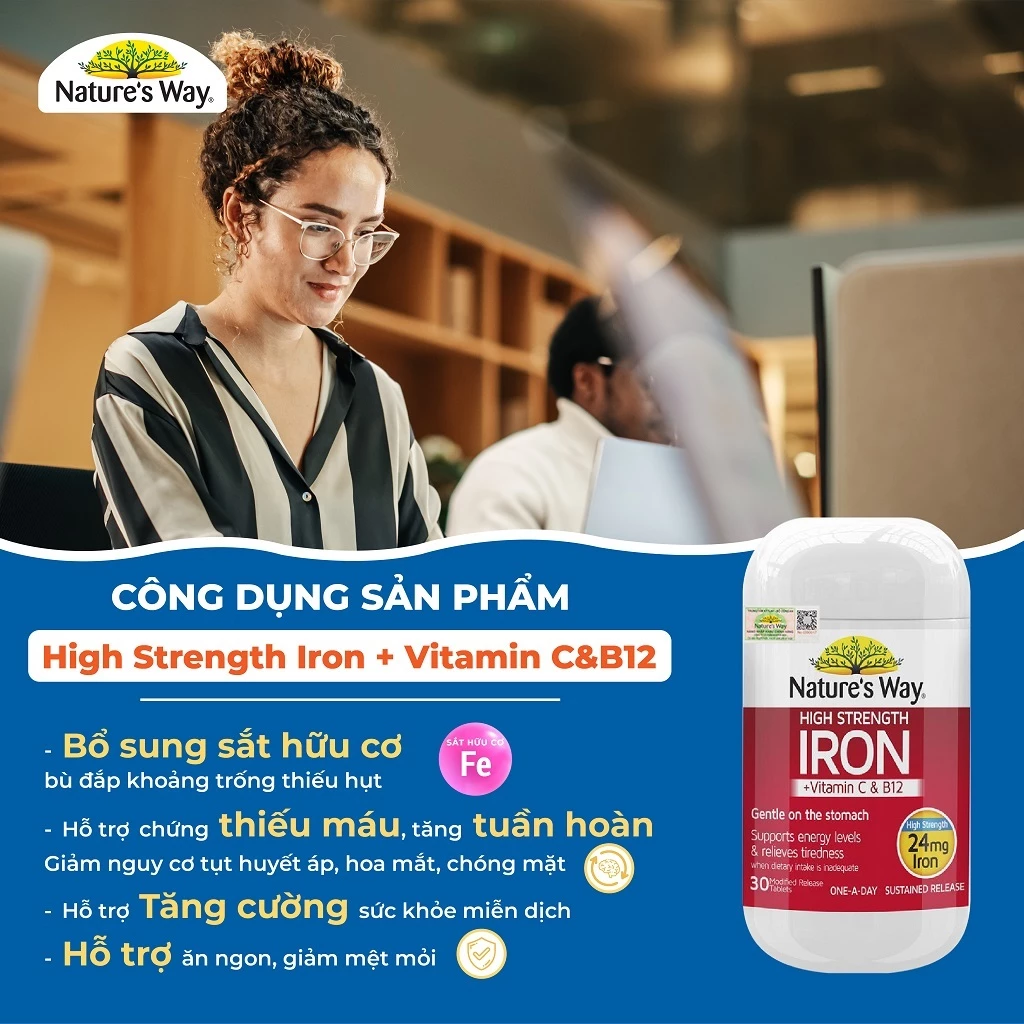 Viên Uống Nature’s Way High Strength Iron + Vitamin C B12 Bổ Sung Sắt Hữu Cơ Cho Người Lớn Hàm Lượng Cao 24mg 30 Viên