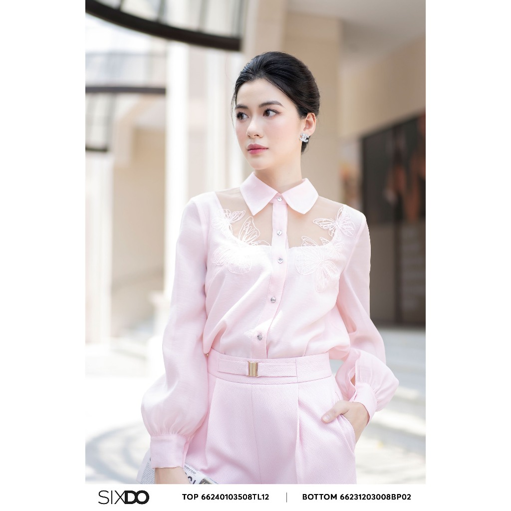 Pink Organza Silk shirt Butterfly Sixdo (Pink Butterfly Embroidery Organza Shirt)
