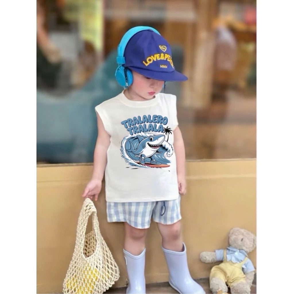 Set Bộ Quần Áo Sát Nách Bé Trai TRALALERO mix quần sọc caro xanh lên dáng cực chất cho bé