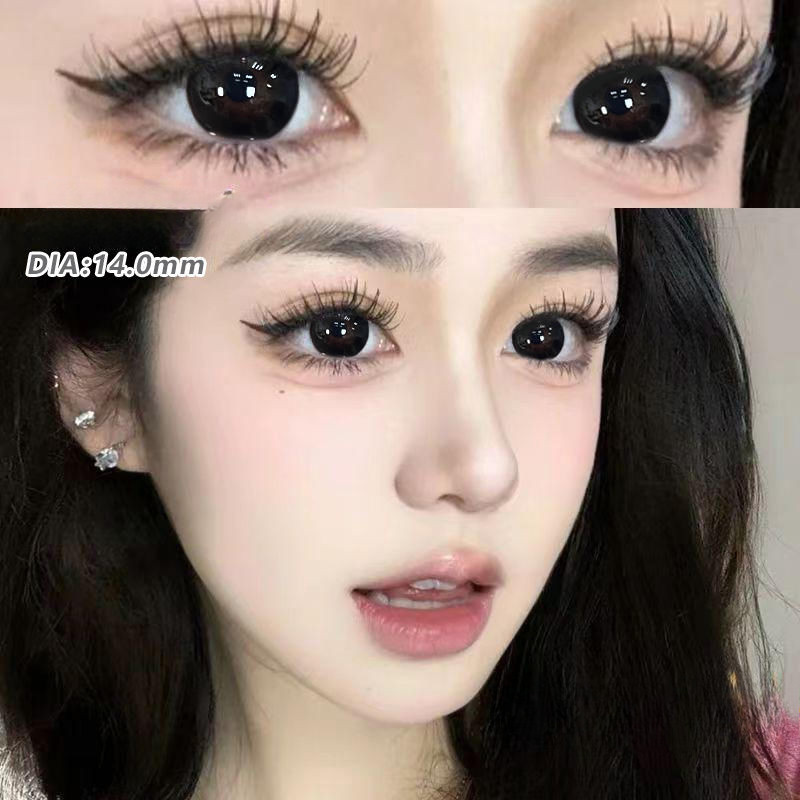 Set 2 Kính Áp Tròng Màu Đen contact lenses 0 ~ -8.00 black len 14.2mm lens cận lens nâu bean black 13