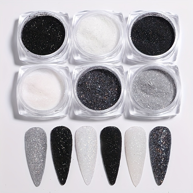 6 Cái / bộ Nail Art Glitter Powder Set Micro Sand Shimmer Powder Nail Pigment Dust Black Series Nail Art Trang trí