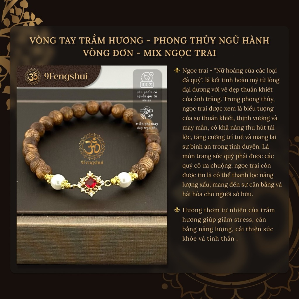 Vòng tay trầm hương_Phong thuỷ ngũ hành_Vòng đơn_6mm / 8mm_Mix charm/ngọc trai_9Fengshui