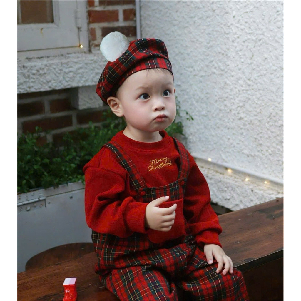 [READY FAST - NO EXCLUSION] Christmas set 3 CT bib + red plaid hat, with thick sweatshirt for boys and girls 8-20kg