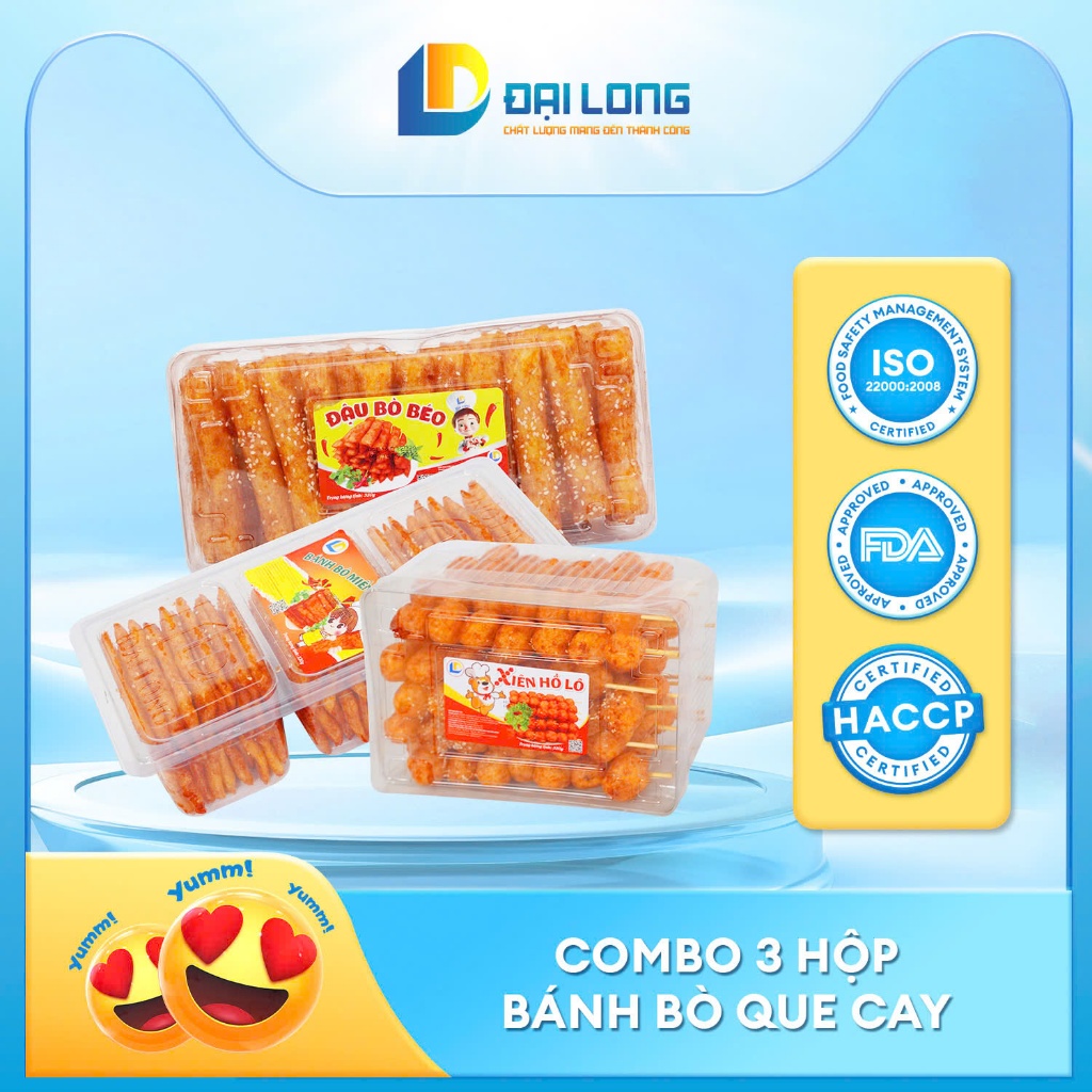 COMBO 3 hộp bánh bò ĐẠI LONG (bánh bò miếng vừng, xiên hồ lô, quẩy bò) ăn vặt tuổi thơ