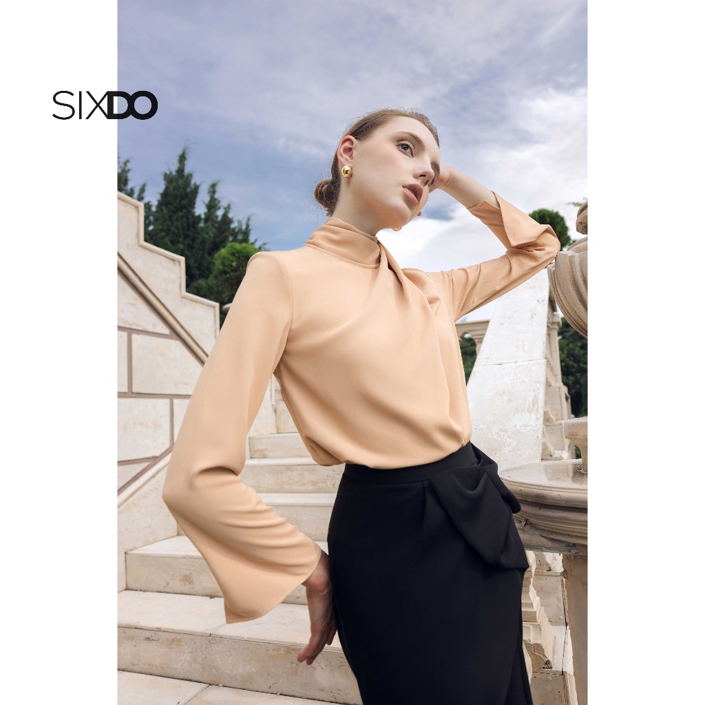 Sixdo long -sleeved silk shirt with Sixdo (Nude Long Sleeves Silk Blouse)