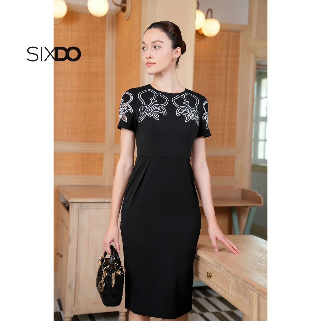 Đầm đen dáng ôm hoa thêu SIXDO (Black Flower Embroidery Woven Pencil Dress)