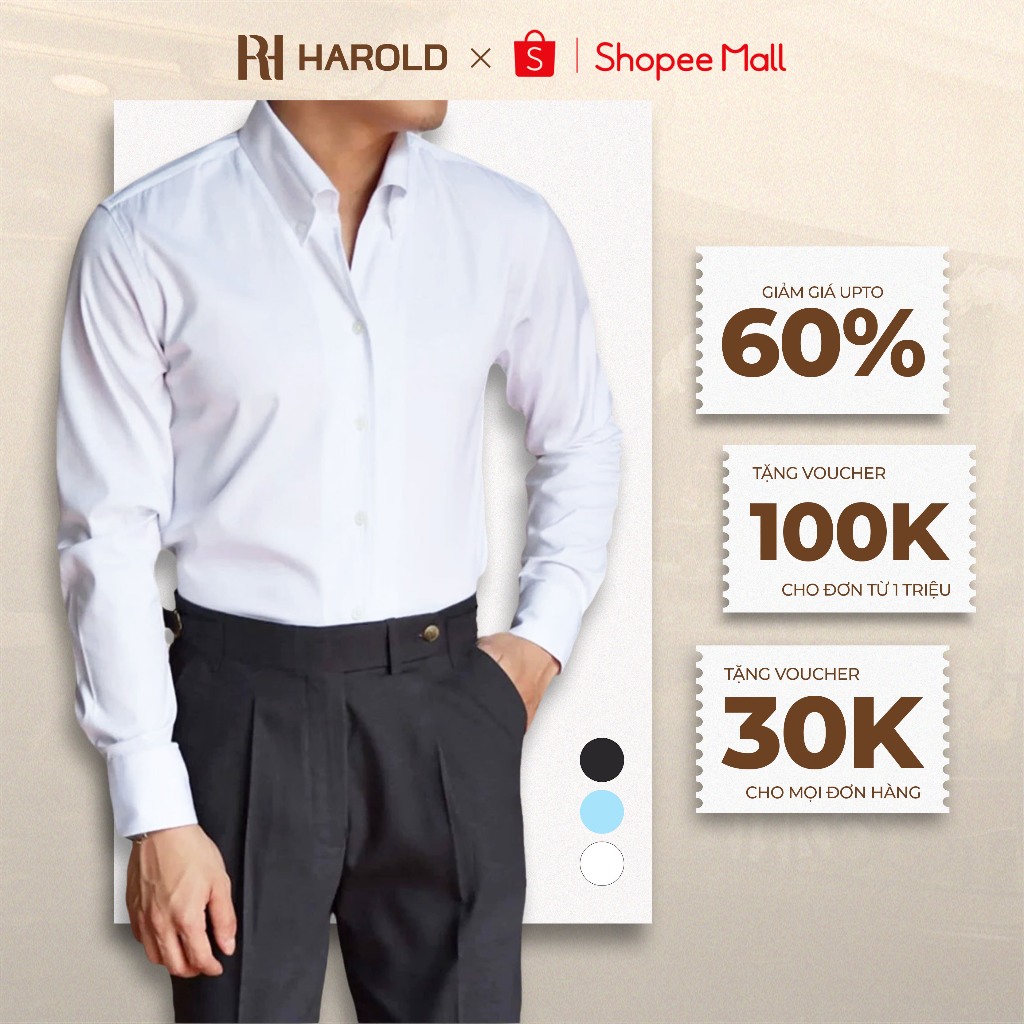 [Premium] Harold long -sleeved white men's white men's shirts button down office sweat, anti -wrinkle, slimfit, formal