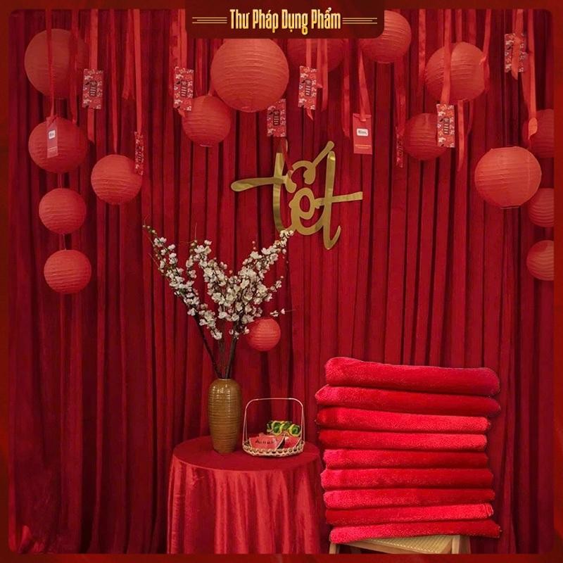 Red velvet fabric decorated with traditional Tet holiday as a background, table spread, decorative curtains of 1.6m
