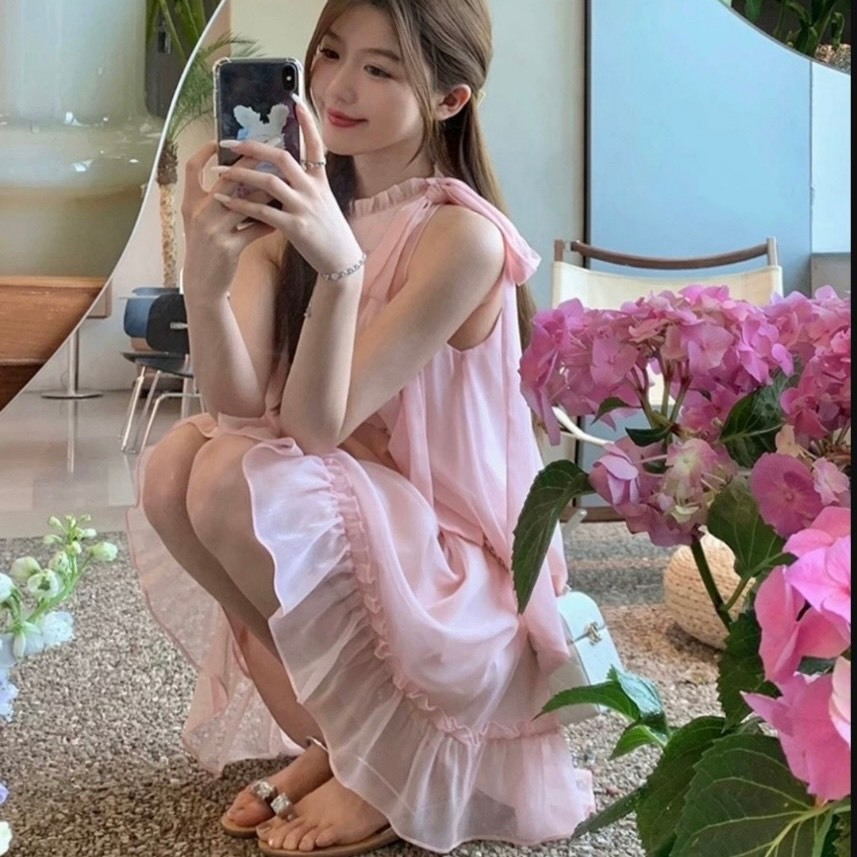 Đầm váy nữ đi dự tiệc, đi chơi tiểu thư sang chảnh dáng babydoll ( VÁY TƠ HỒNG )