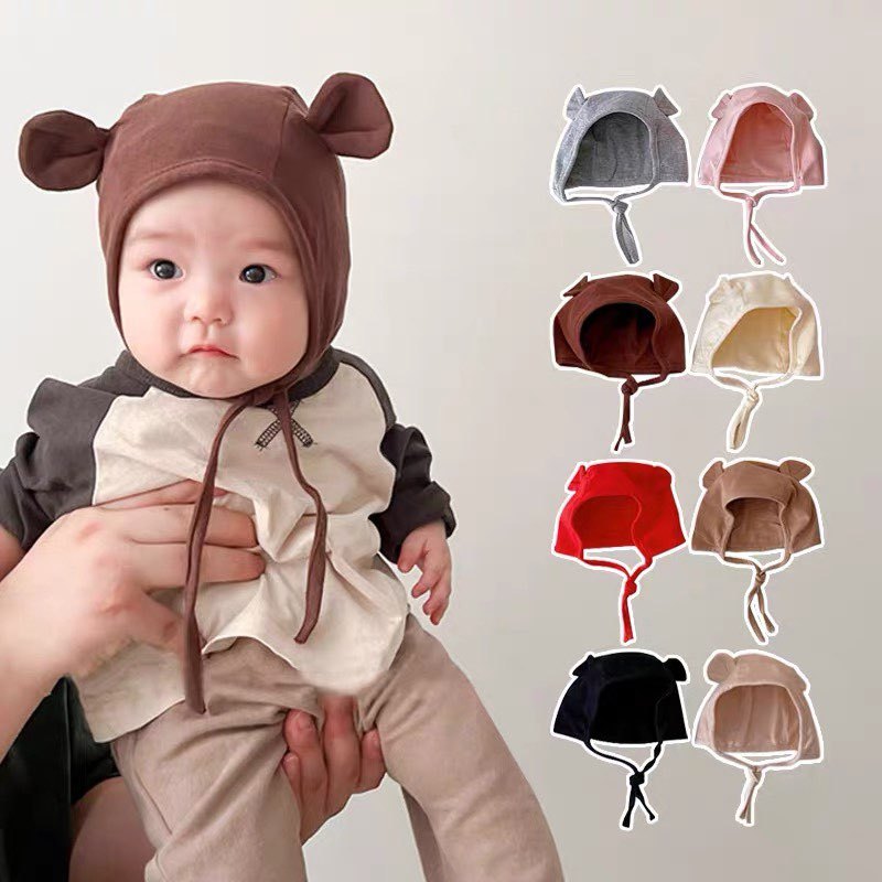 Lovely bear ear hat bemohome cotton 2 layer soft for babies with laces