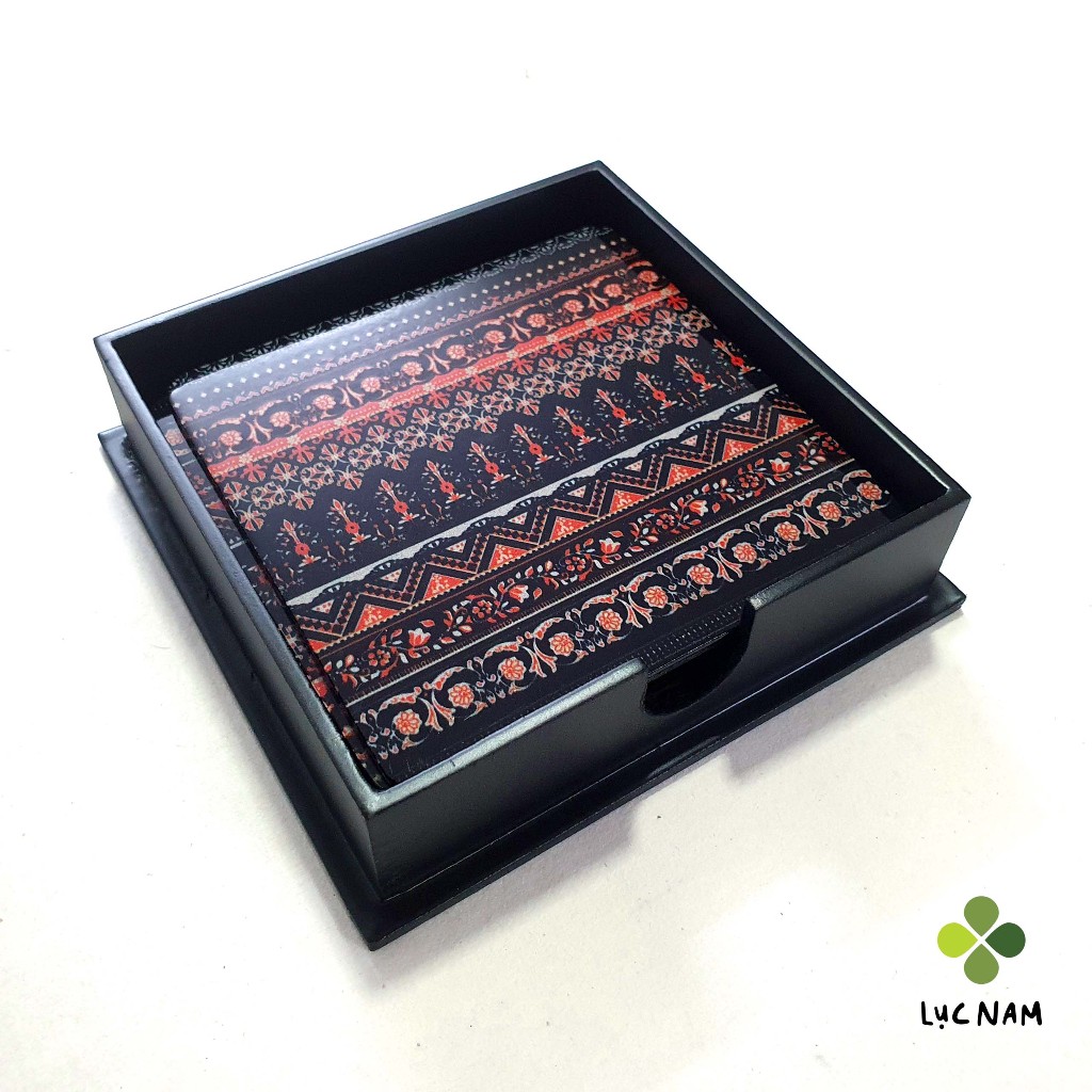 Bộ lót ly sơn mài hoa văn thổ cẩm 6 miếng kèm hộp đựng - sản phẩm thủ công mỹ nghệ truyền thống Việt Nam