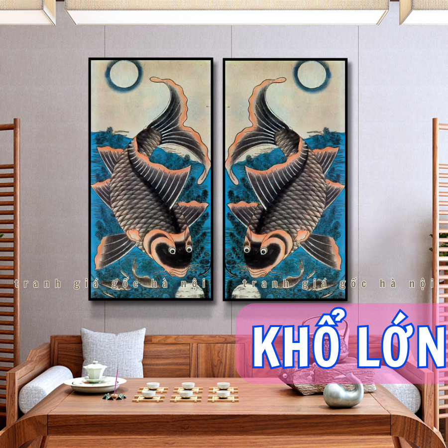 [SIZE LỚN] Tranh Lý Ngư Vọng Nguyệt/Cá chép trông trăng/Tranh dân gian Hàng Trống in vải canvas nhập khẩu có sẵn khung