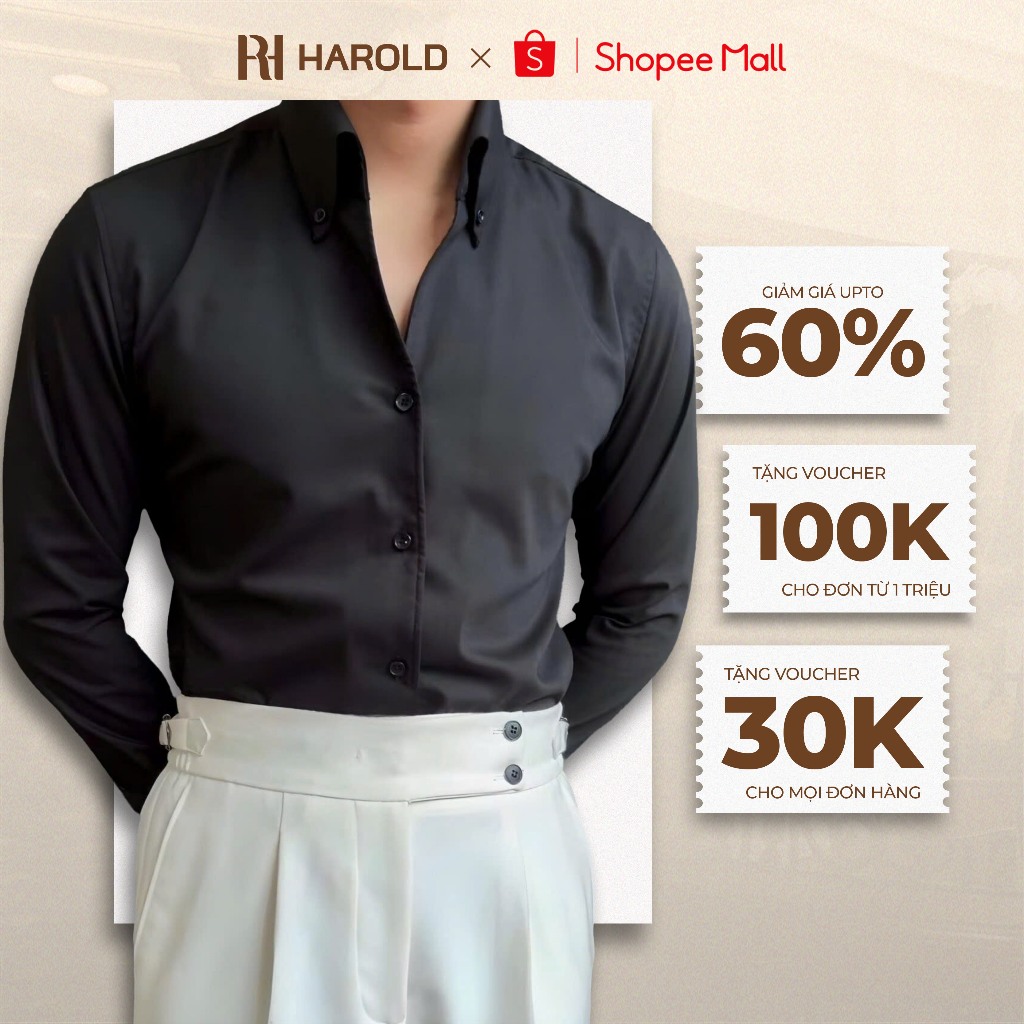 Áo Sơ Mi Nam Trắng, Đen, Xanh Navy Dài Tay Cao Cấp Harold Cổ Button Down + Cufflinks Đi Chơi Cotton, Slimfit Tôn Dáng