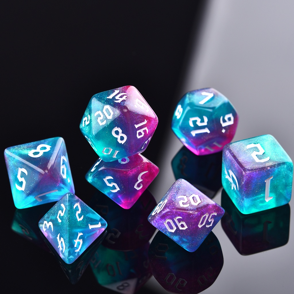 Set of 7 multi -faceted sets with polyhedral used to play RPG DND game