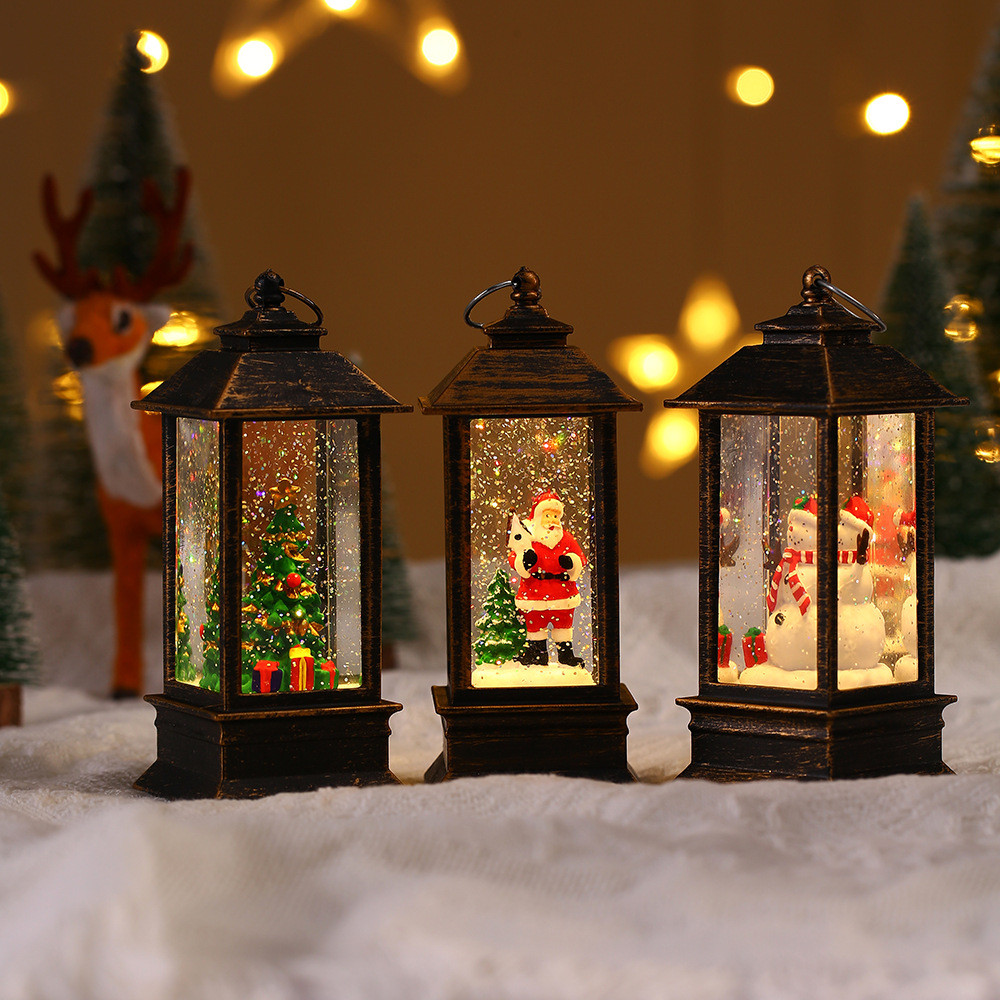 Christmas lanterns with sparkling golden light snow effect, classic Christmas lights