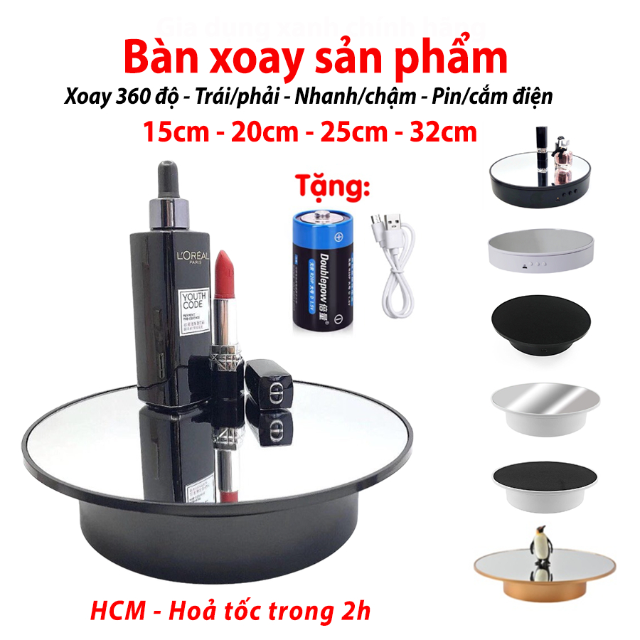 Bàn xoay đế xoay trưng bày sản phẩm 360 độ xoay trái phải nhanh chậm nhiều kích thước - Tặng kèm pin