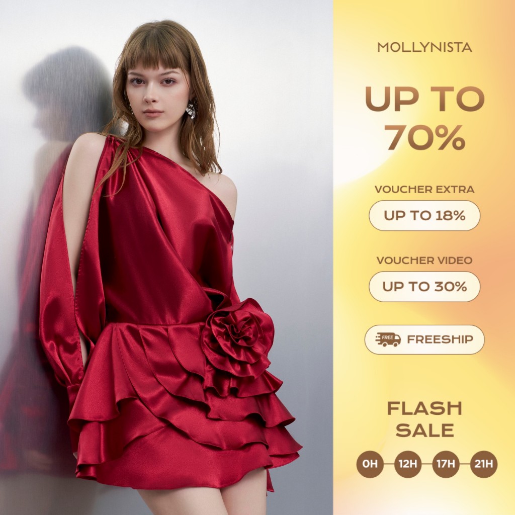 Đầm lụa đỏ thiết kế trễ eo xẻ tay MOLLYNISTA quyến rũ thanh lịch nữ tính cao cấp